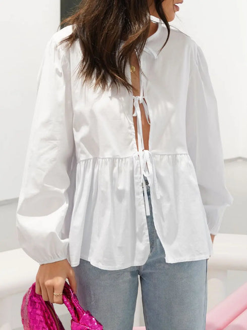 'Adalet' Linen Look Tie Front Smock Blouse - Celes Fashion